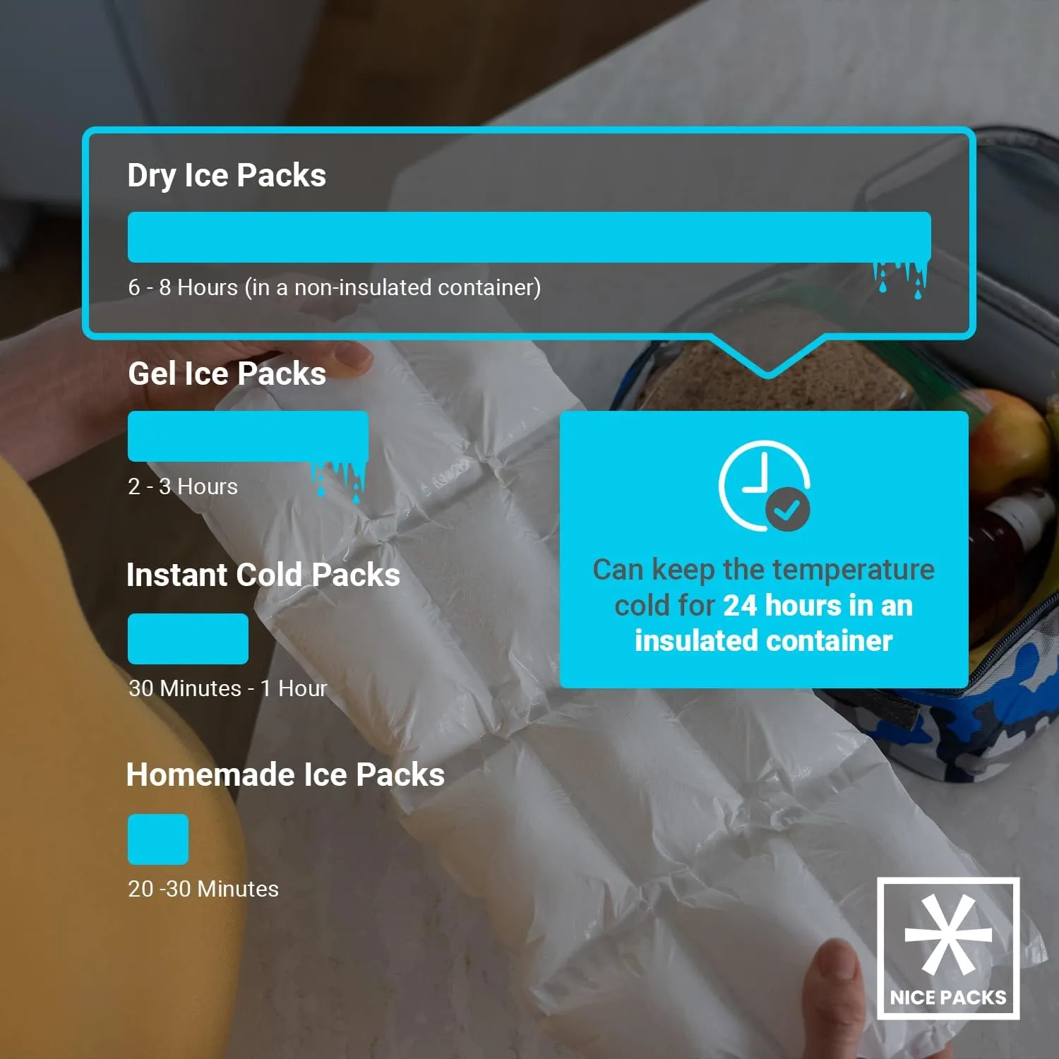 Nice Packs Reusable Dry Ice Packs for Coolers, Lunch Boxes & Frozen Food - Flexible and Long Lasting (20 Single Cell Sheets)