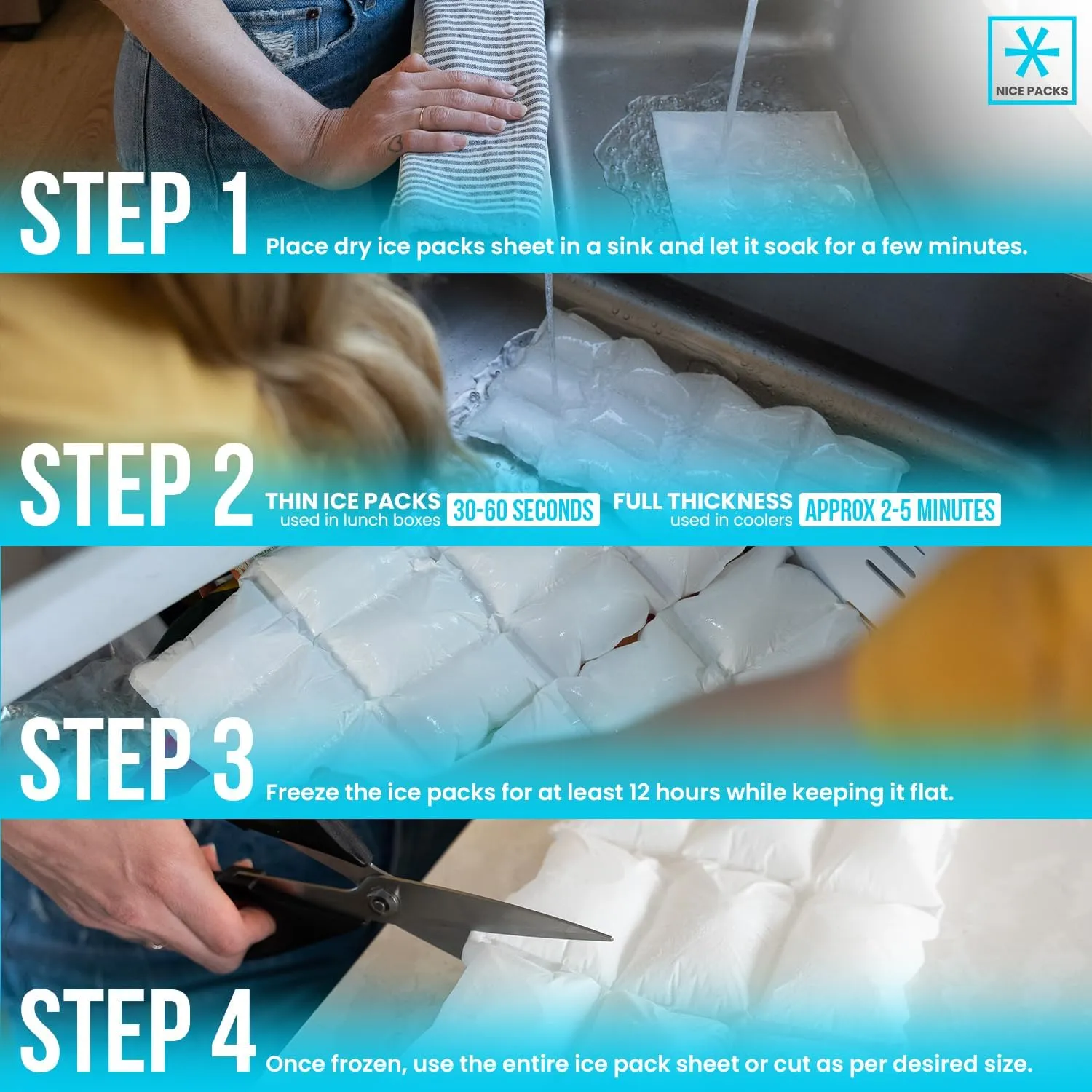 Nice Packs Reusable Dry Ice Packs for Coolers, Lunch Boxes & Frozen Food - Flexible and Long Lasting (20 Single Cell Sheets)