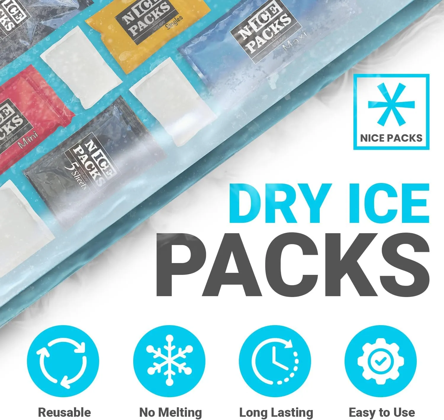 Nice Packs Reusable Dry Ice Packs for Coolers, Lunch Boxes & Frozen Food - Flexible and Long Lasting (20 Single Cell Sheets)