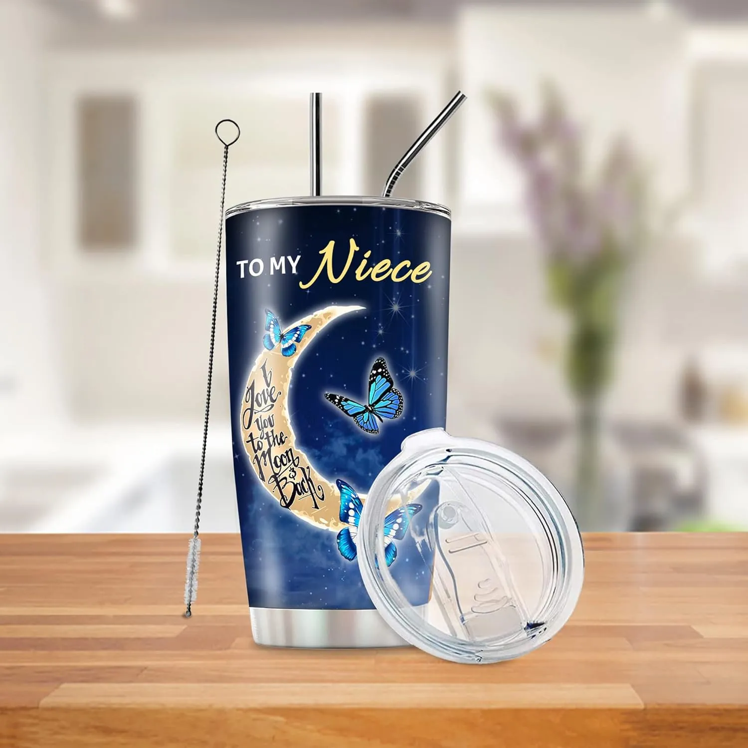 Niece Gifts 20oz Insulated Stainless Steel Blue Butterfly Cup Tumbler with Lids and Straws, Gifts for Niece From Auntie Aunt, Mothers Day Birthday Graduation Present for My Nieces Coffee Mugs