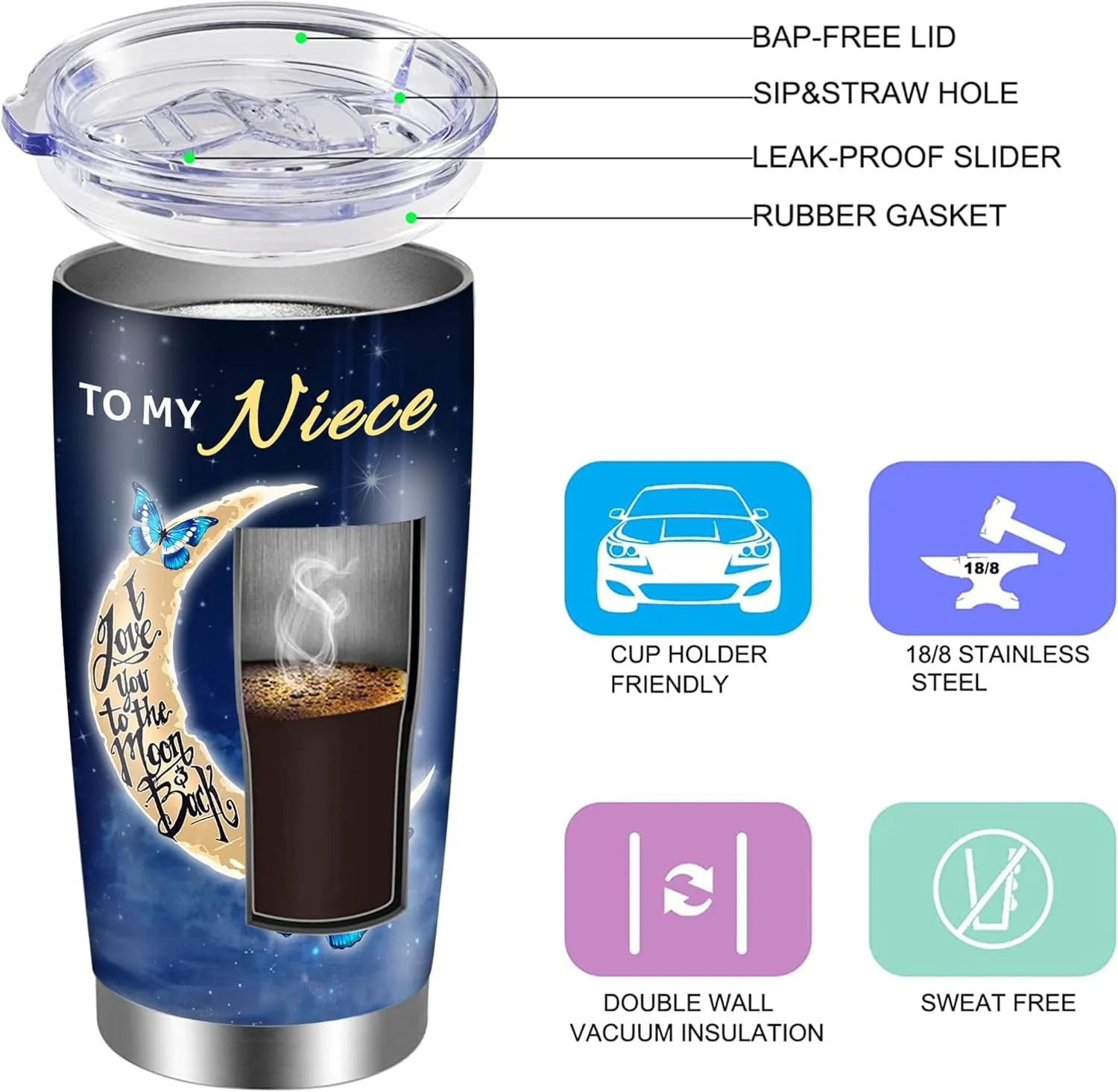 Niece Gifts 20oz Insulated Stainless Steel Blue Butterfly Cup Tumbler with Lids and Straws, Gifts for Niece From Auntie Aunt, Mothers Day Birthday Graduation Present for My Nieces Coffee Mugs