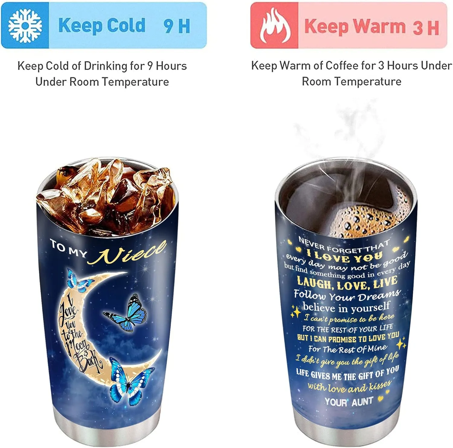 Niece Gifts 20oz Insulated Stainless Steel Blue Butterfly Cup Tumbler with Lids and Straws, Gifts for Niece From Auntie Aunt, Mothers Day Birthday Graduation Present for My Nieces Coffee Mugs