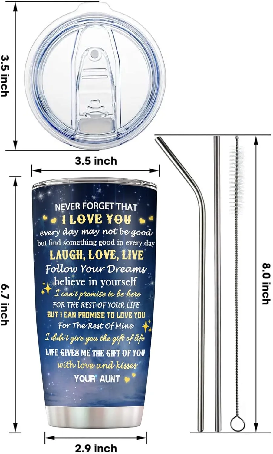 Niece Gifts 20oz Insulated Stainless Steel Blue Butterfly Cup Tumbler with Lids and Straws, Gifts for Niece From Auntie Aunt, Mothers Day Birthday Graduation Present for My Nieces Coffee Mugs