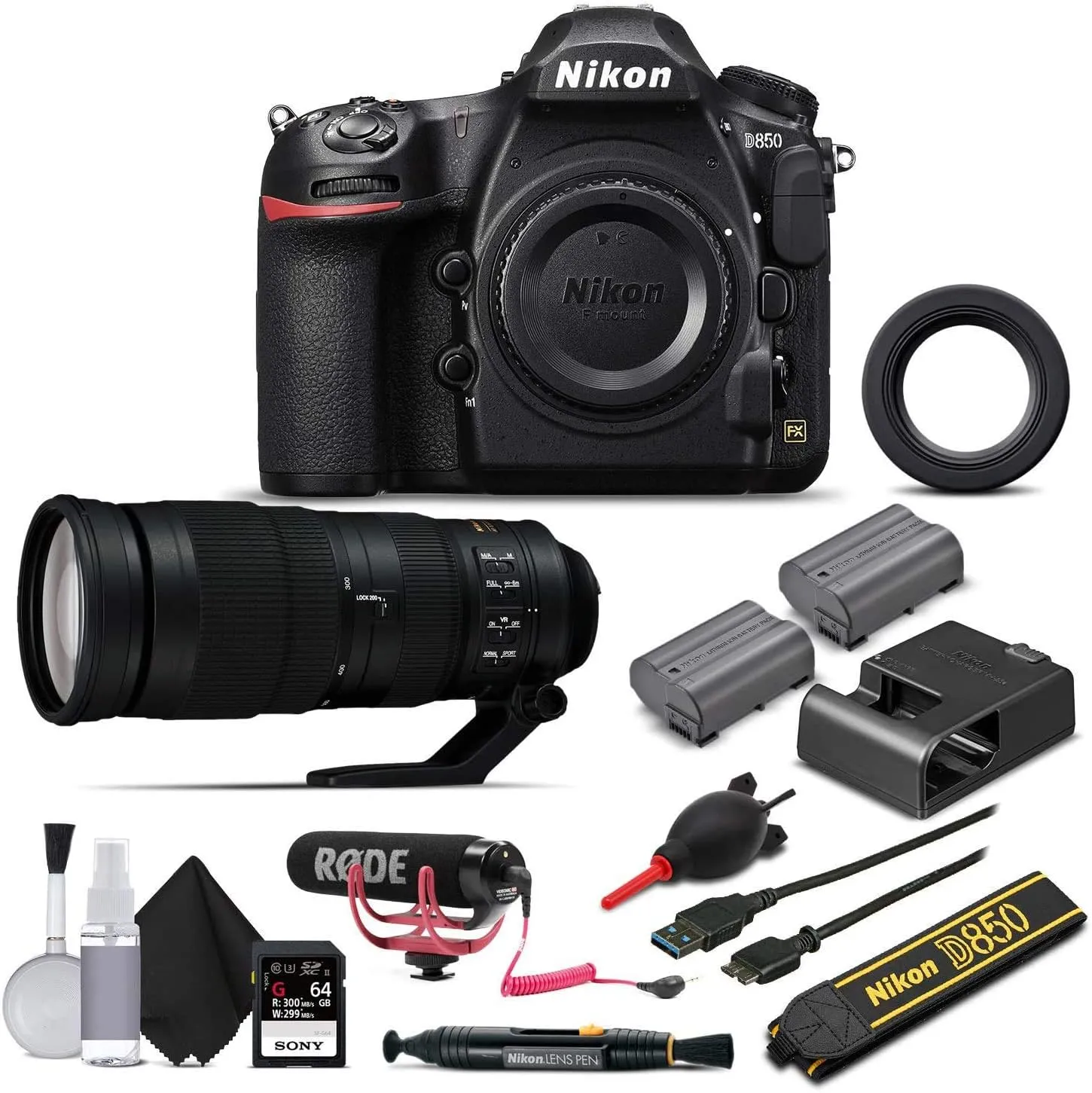 Nikon D850 Digital SLR Camera W AF-S FX NIKKOR 200-500mm f/5.6E ED Lens, 64GB Memory Card, Soft Bag, Rode Mic, Extra Battery (International Model) (Renewed)