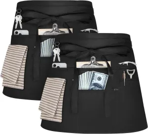 NLUS 2 Pack Server Apron with 8 Pockets, Water-Resistant Waiter Waitress Waist Half Apron for Women Men, 12 x 24 Inch - Black