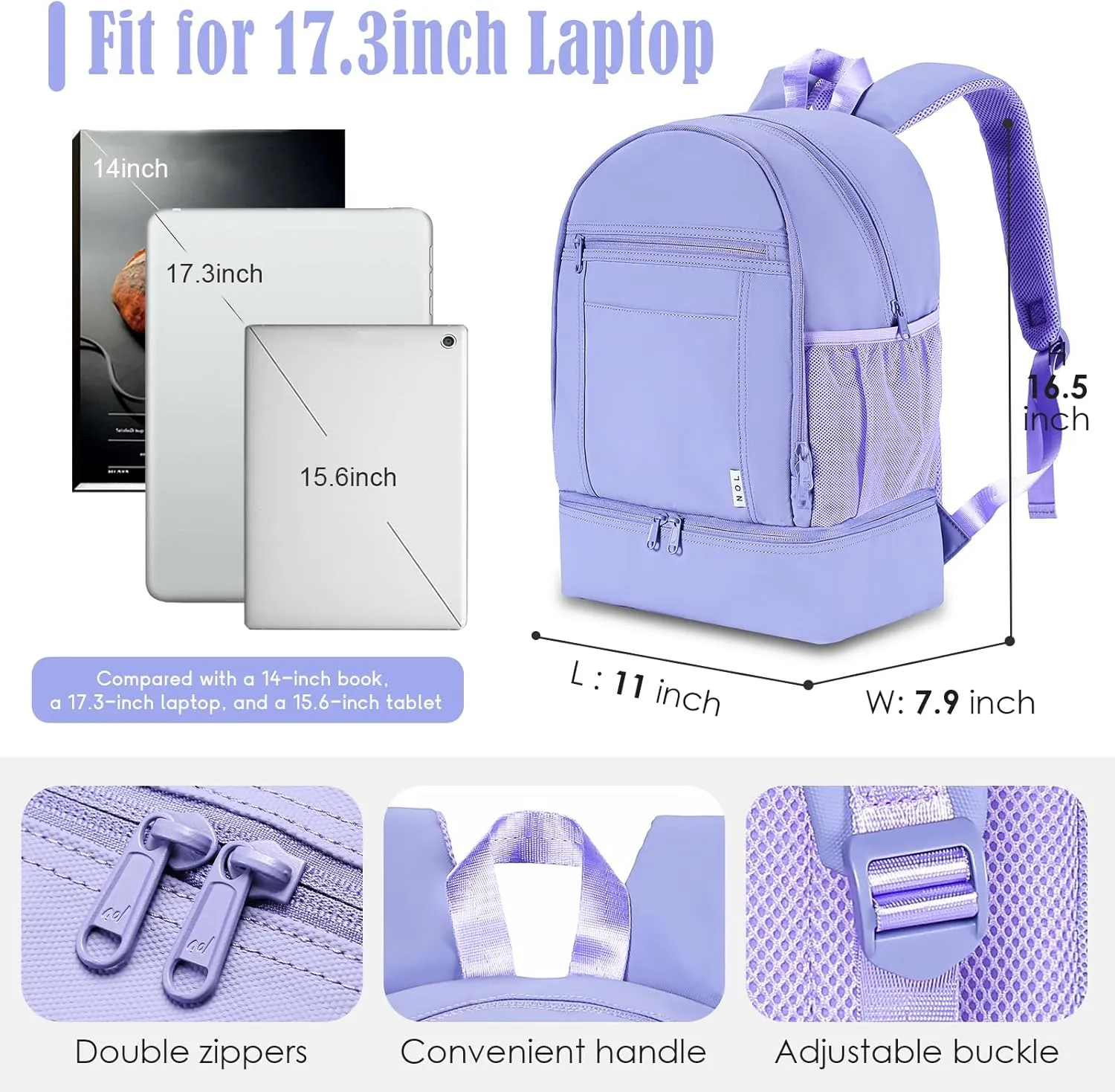 NOL Natural Organic Lifestyle Kids 2-in-1 Backpack & Insulated Lunch Bag-16"Multi-Functional Large Compartments Backpack for School & Travel, Double Deck,Water Resistant,Leak-proof,Padded-Light purple