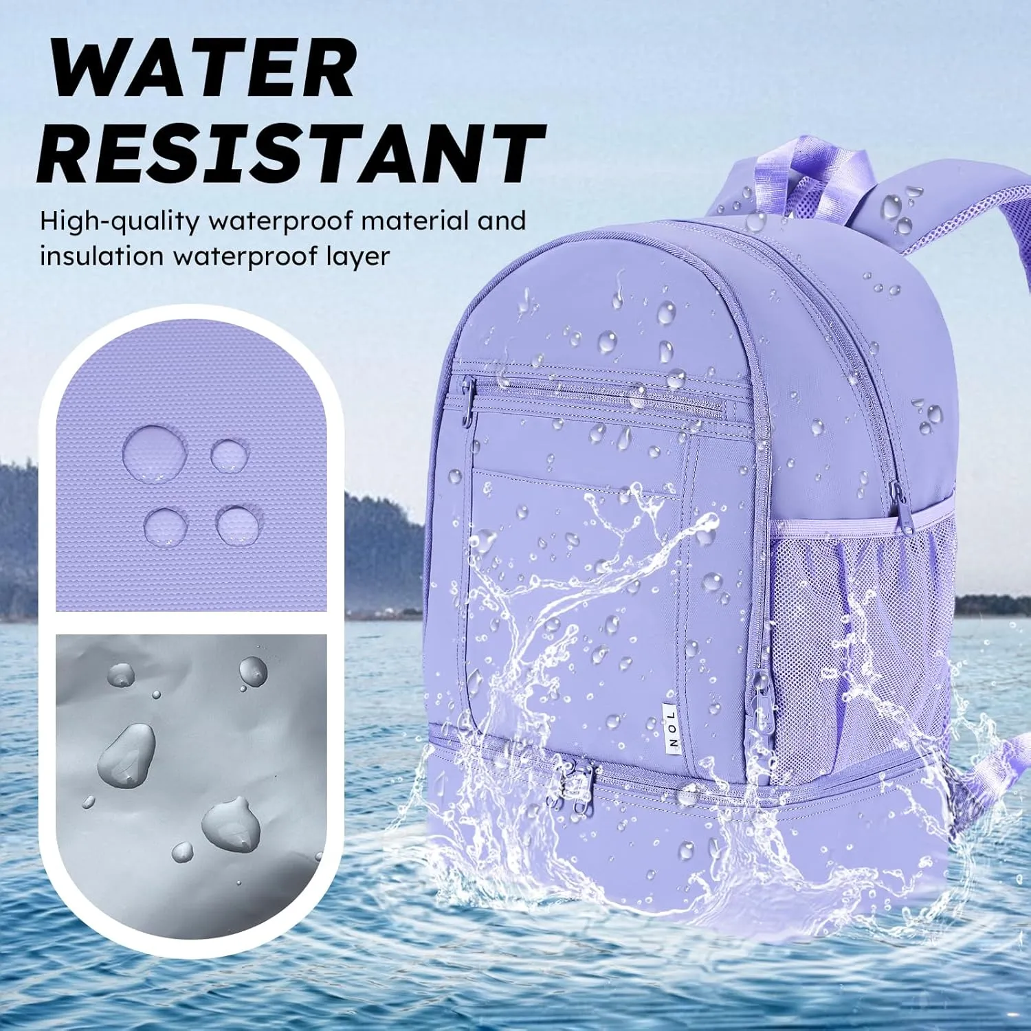 NOL Natural Organic Lifestyle Kids 2-in-1 Backpack & Insulated Lunch Bag-16"Multi-Functional Large Compartments Backpack for School & Travel, Double Deck,Water Resistant,Leak-proof,Padded-Light purple