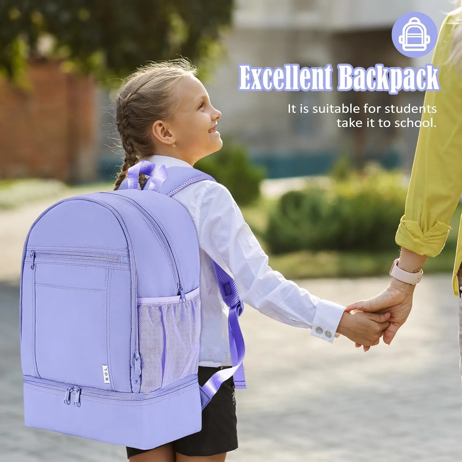 NOL Natural Organic Lifestyle Kids 2-in-1 Backpack & Insulated Lunch Bag-16"Multi-Functional Large Compartments Backpack for School & Travel, Double Deck,Water Resistant,Leak-proof,Padded-Light purple