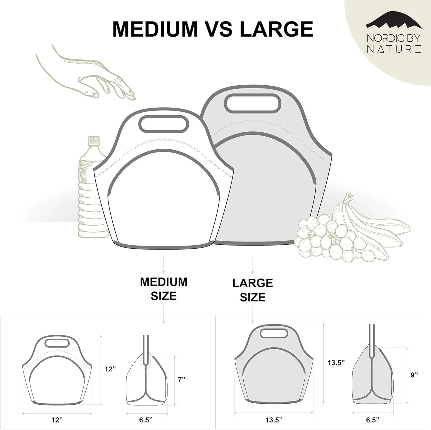 Nordic By Nature Insulated Neoprene Lunch Bag, Soft & Foldable Washable & Reusable Extra-Pocket (M) Light Gray