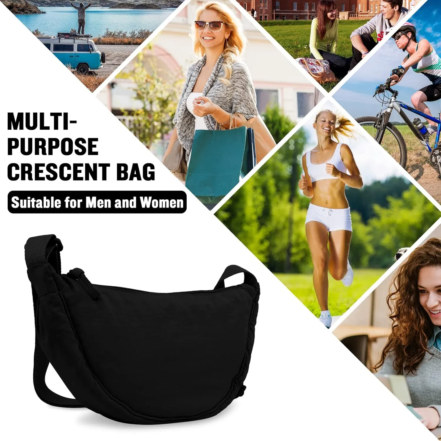 Nylon Crescent Crossbody Bag for Women Purses Trendy Men,Small Travel Sling Bag Hobo