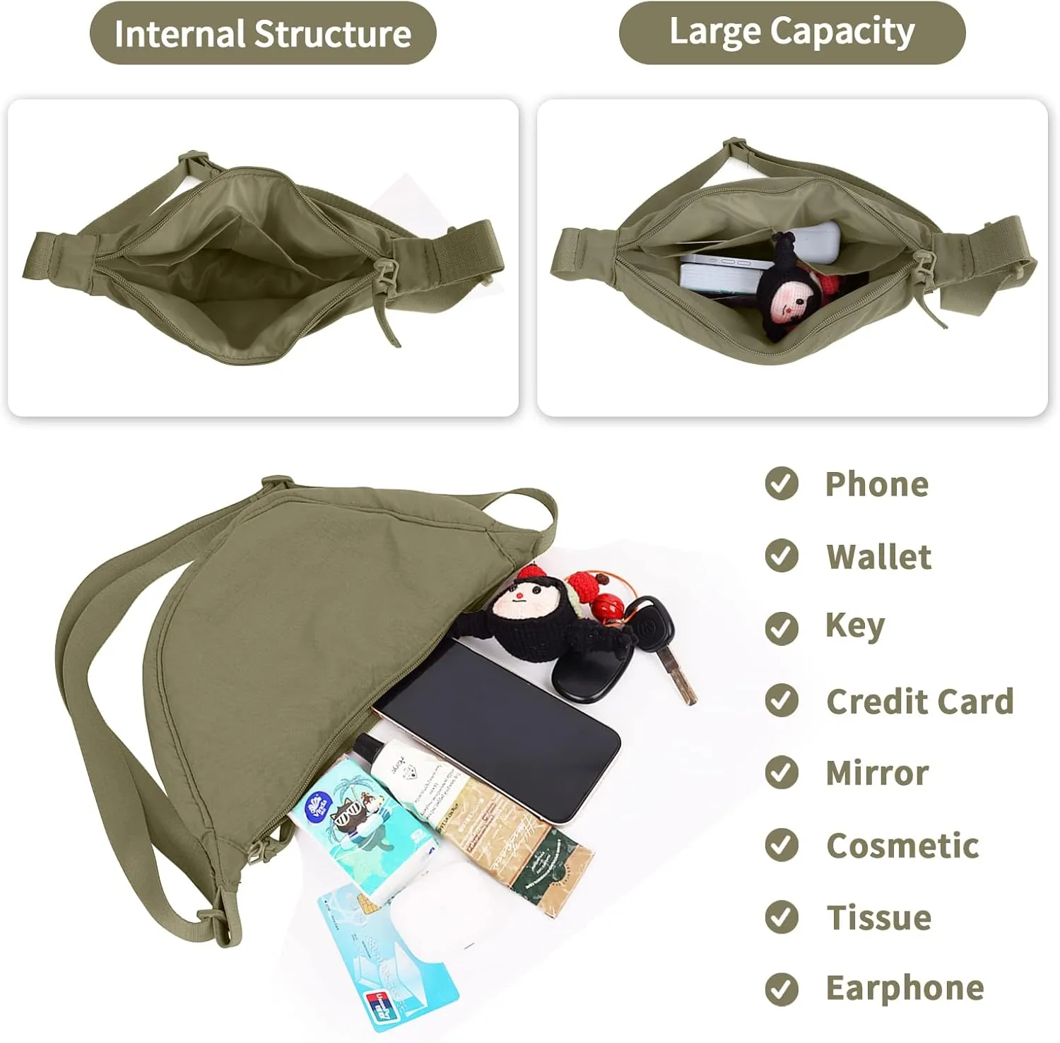 Nylon Crescent Crossbody Bag for Women Purses Trendy Men,Small Travel Sling Bag Hobo
