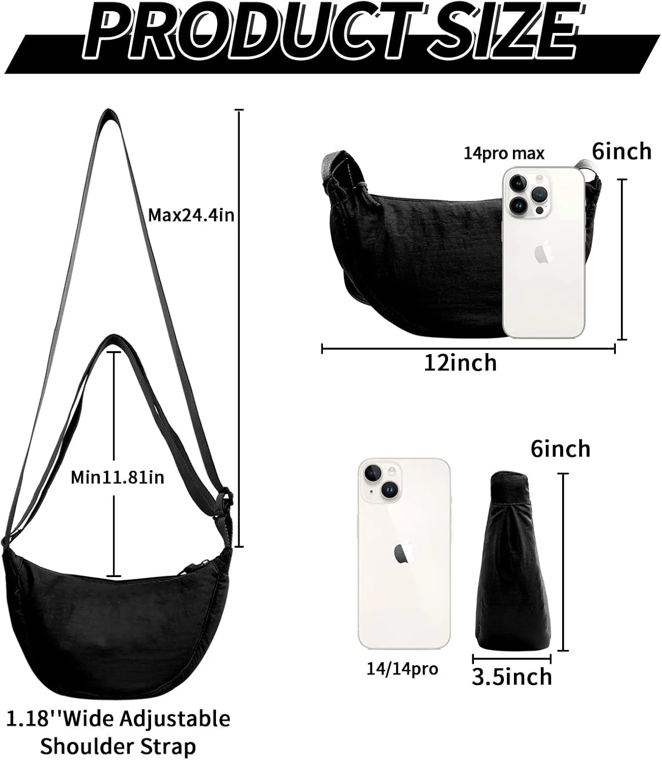 Nylon Crescent Crossbody Bag for Women Purses Trendy Men,Small Travel Sling Bag Hobo