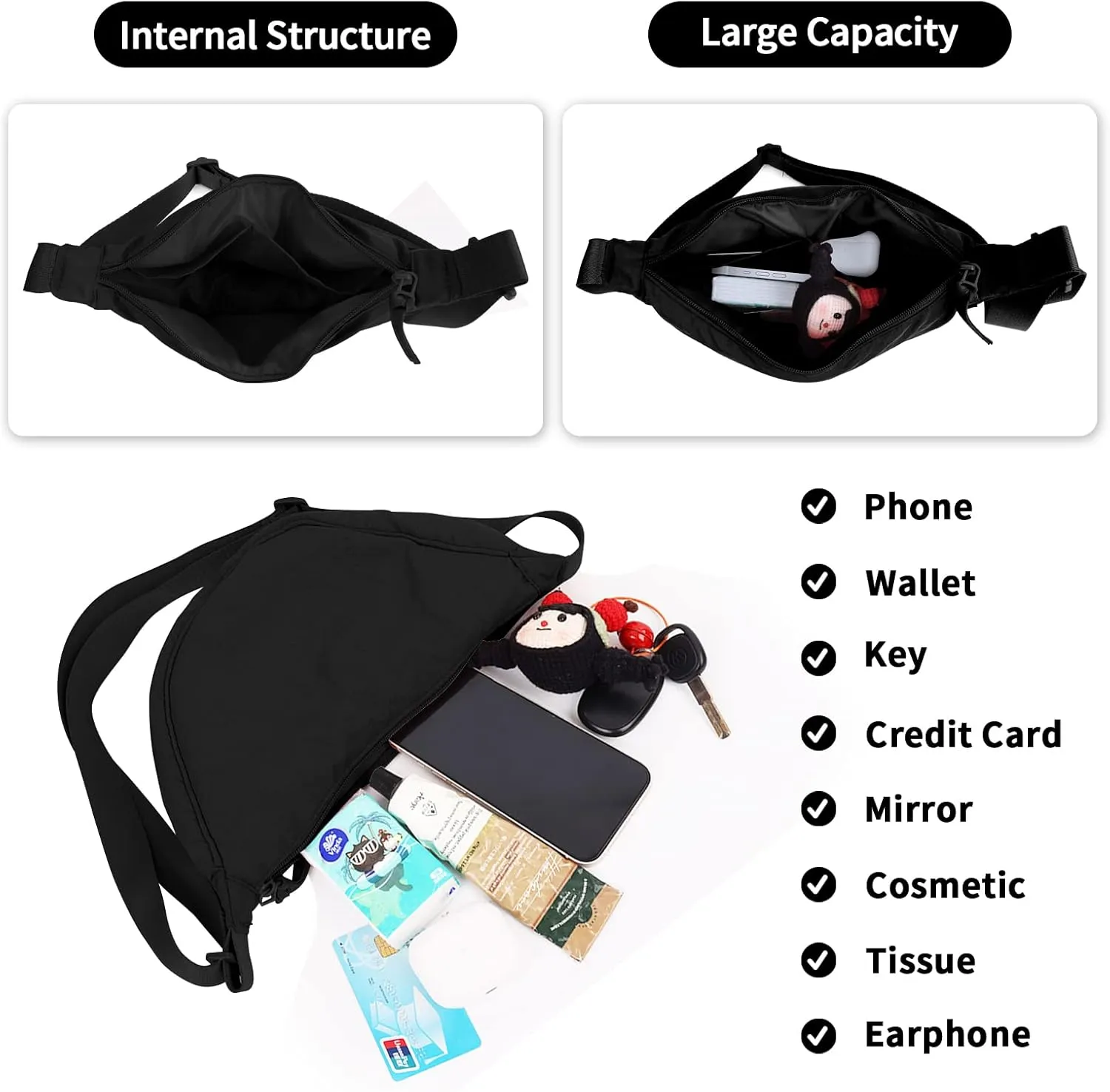 Nylon Crescent Crossbody Bag for Women Purses Trendy Men,Small Travel Sling Bag Hobo