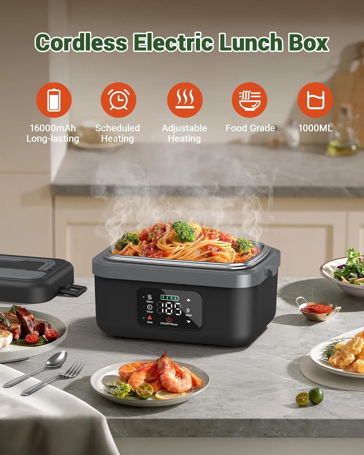 ODSD Cordless Electric Lunch Box for Adults, 16000mAh Rechargeable Self-Heating Lunch Box Food Warmers with Timer & Adjustable Heating, 34oz/1L Container with Insulated Bag for Office Car Outdoor