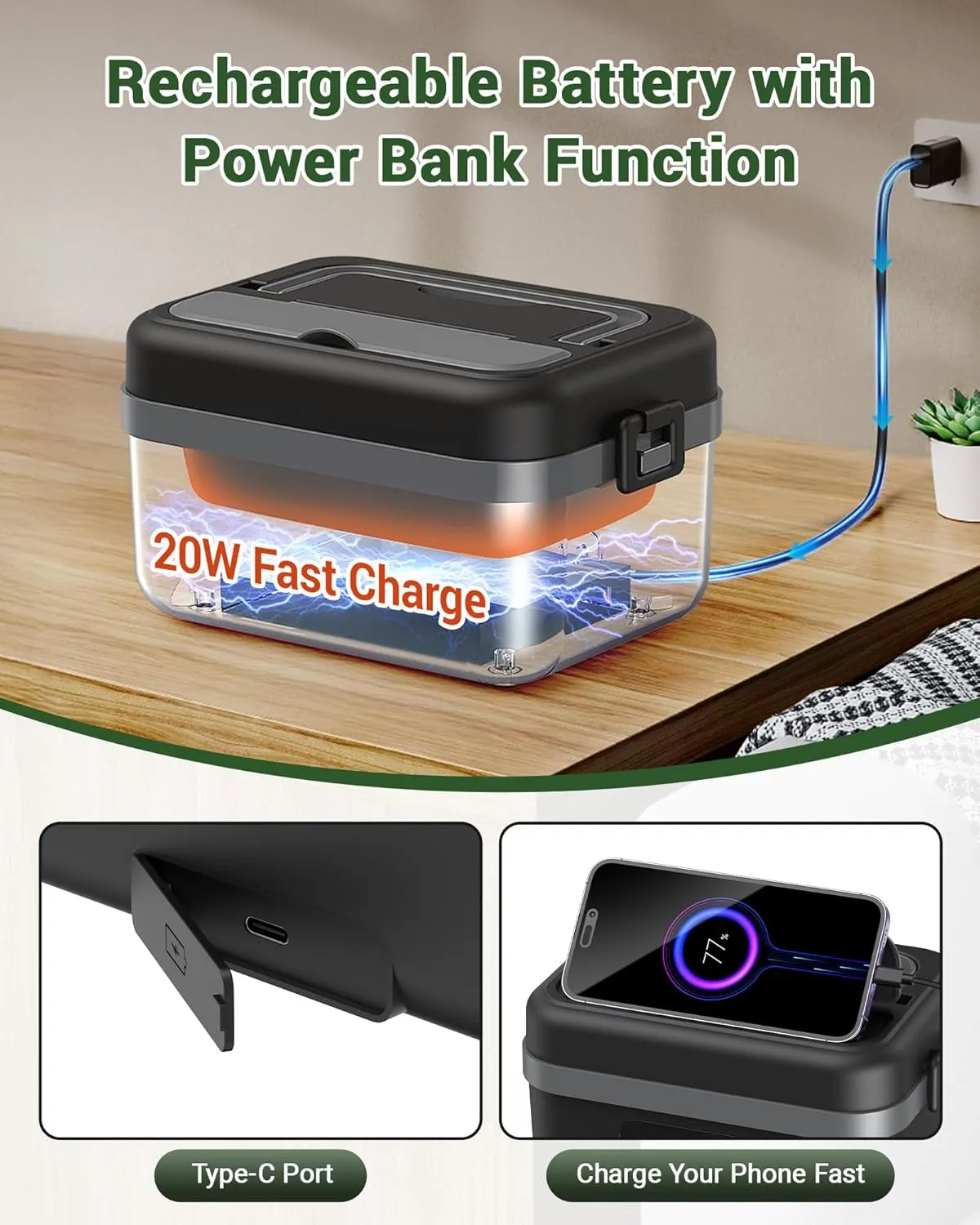 ODSD Cordless Electric Lunch Box for Adults, 16000mAh Rechargeable Self-Heating Lunch Box Food Warmers with Timer & Adjustable Heating, 34oz/1L Container with Insulated Bag for Office Car Outdoor