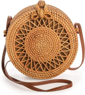 Okllen Round Rattan Bag for Women, Bohemian Style Handwoven Straw Crossbody Bags for Summer Vacation