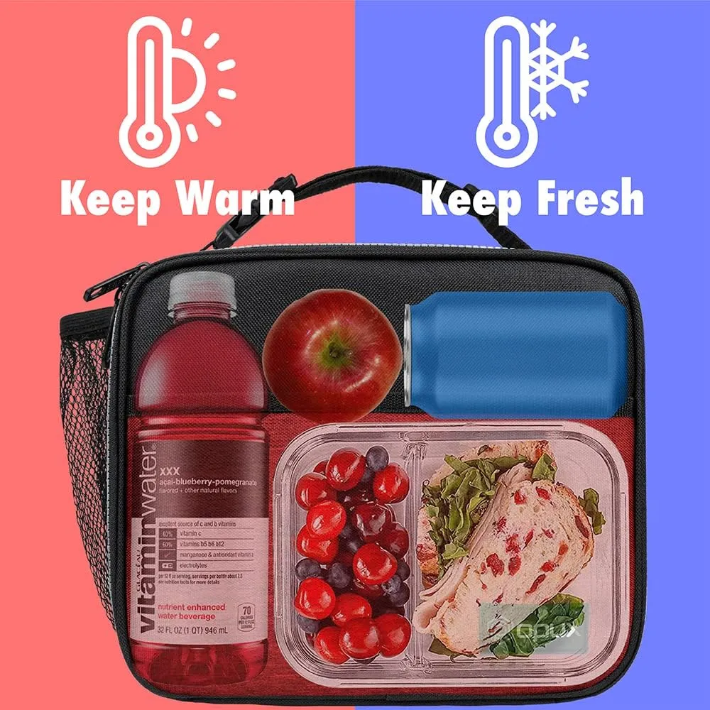 opux Insulated Lunch Bag Kids, Lunch Box for School Boy Girl, Leakproof Small Reusable Compact Soft Mini Cooler Bag, Toddler Small Lunch Boxes Kit Pail with Front Side Pockets (Red)