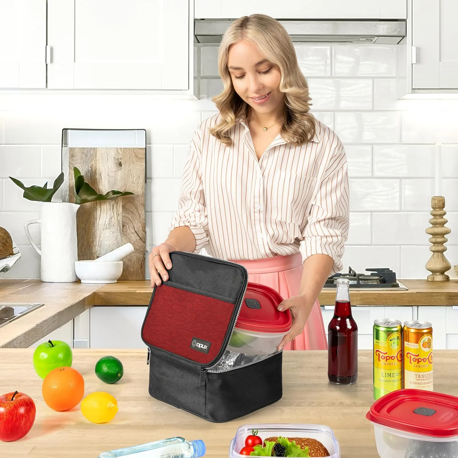 opux Insulated Lunch Bag Kids, Lunch Box for School Boy Girl, Leakproof Small Reusable Compact Soft Mini Cooler Bag, Toddler Small Lunch Boxes Kit Pail with Front Side Pockets (Red)