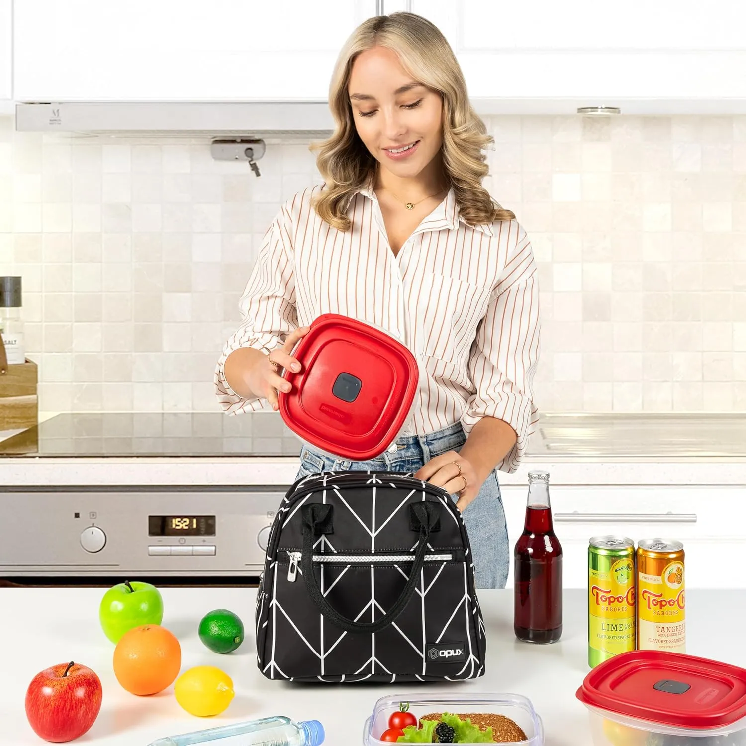 opux Insulated Lunch Box Women, Lunch Bag Tote Girls Kids Teen Adult, Cute Soft Lunch Cooler Container Work School, Reusable Thermal Food Meal Prep Organizer Lunch Pail Travel Beach, Black Chevron
