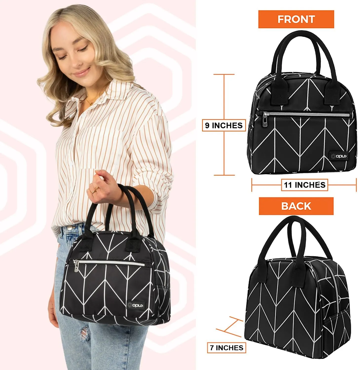 opux Insulated Lunch Box Women, Lunch Bag Tote Girls Kids Teen Adult, Cute Soft Lunch Cooler Container Work School, Reusable Thermal Food Meal Prep Organizer Lunch Pail Travel Beach, Black Chevron