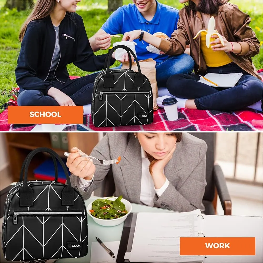 opux Insulated Lunch Box Women, Lunch Bag Tote Girls Kids Teen Adult, Cute Soft Lunch Cooler Container Work School, Reusable Thermal Food Meal Prep Organizer Lunch Pail Travel Beach, Black Chevron