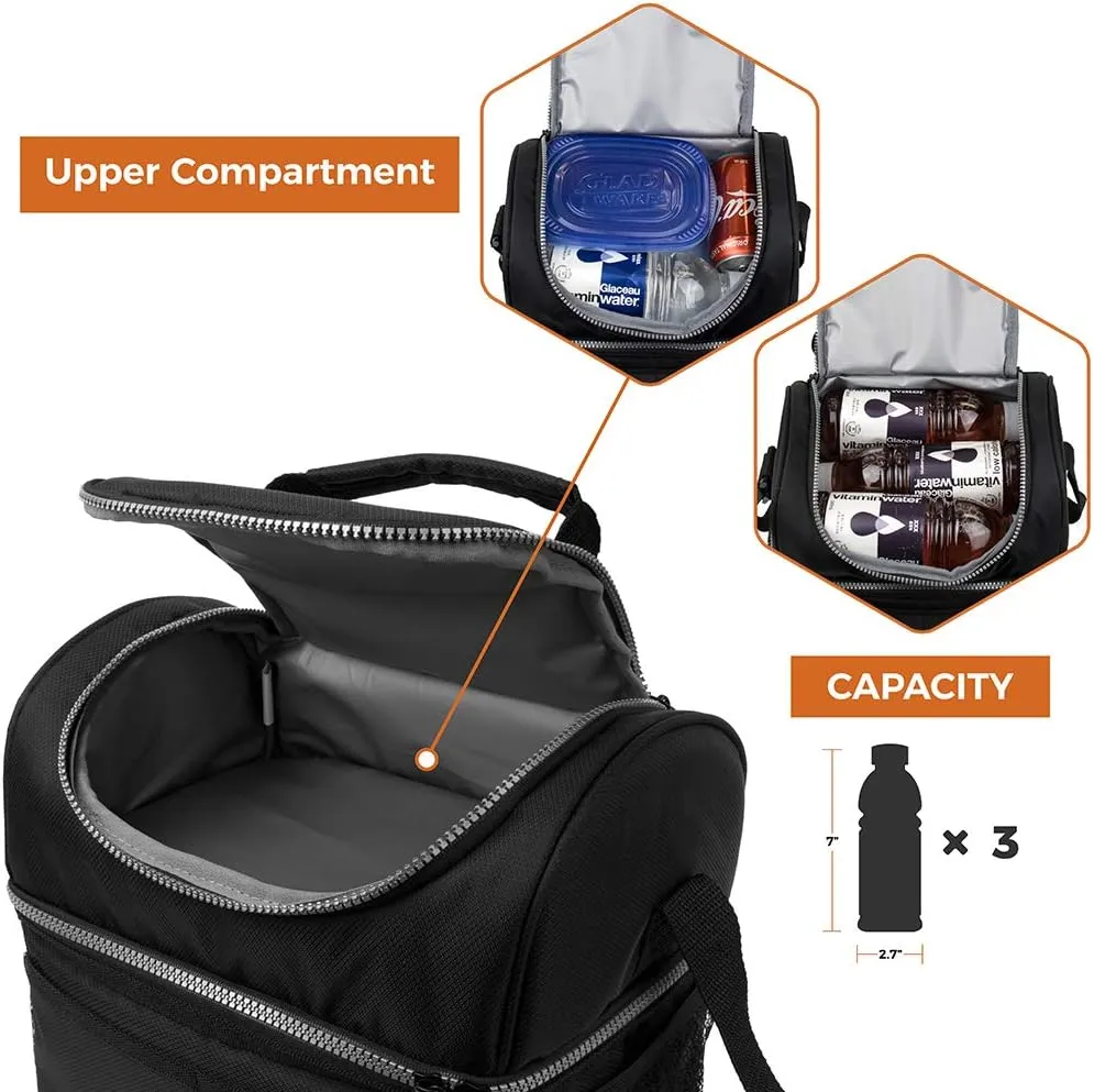 OPUX Lunch Box For Men Women, Insulated Large Lunch Bag Adult Work, Double Decker Lunchbox Meal Prep, Dual Compartment Leakproof Lunch Cooler, Soft Lunch Pail Tote Boys Girls Kids School, Black 16 Can