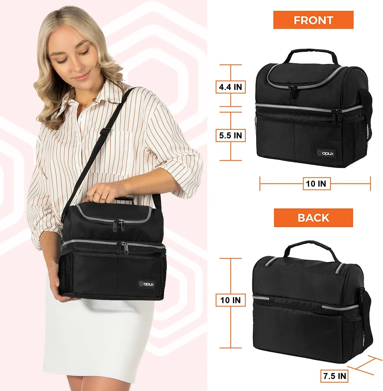 OPUX Lunch Box For Men Women, Insulated Large Lunch Bag Adult Work, Double Decker Lunchbox Meal Prep, Dual Compartment Leakproof Lunch Cooler, Soft Lunch Pail Tote Boys Girls Kids School, Black 16 Can