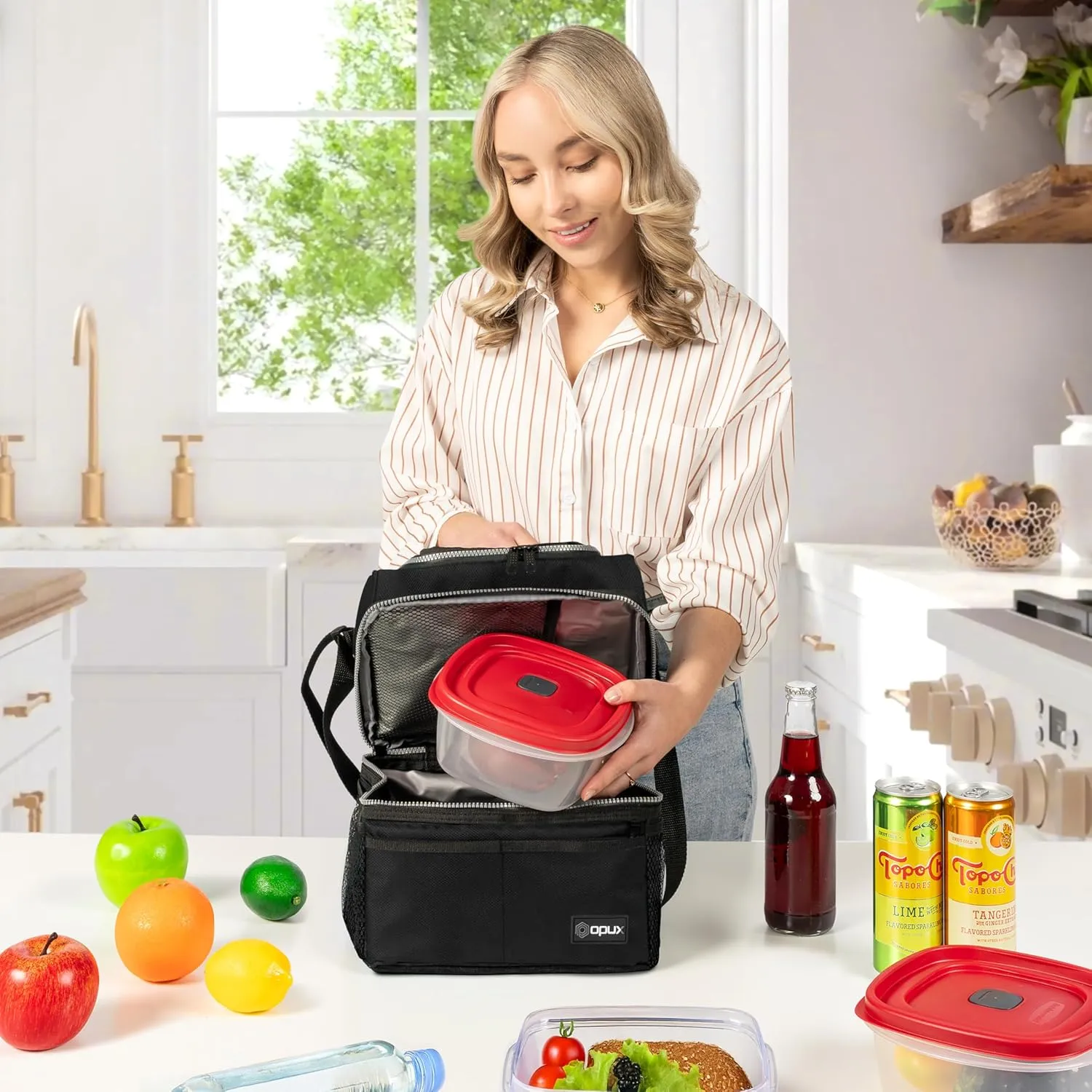 OPUX Lunch Box For Men Women, Insulated Large Lunch Bag Adult Work, Double Decker Lunchbox Meal Prep, Dual Compartment Leakproof Lunch Cooler, Soft Lunch Pail Tote Boys Girls Kids School, Black 16 Can