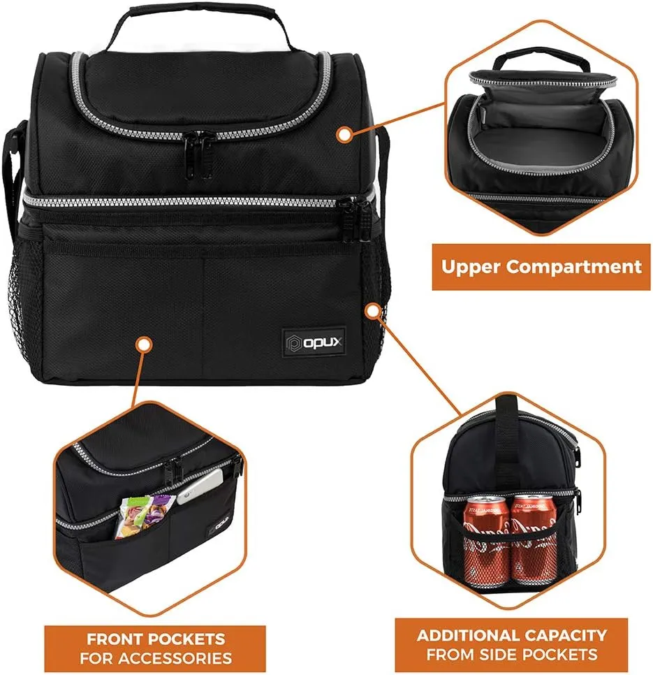 OPUX Lunch Box For Men Women, Insulated Large Lunch Bag Adult Work, Double Decker Lunchbox Meal Prep, Dual Compartment Leakproof Lunch Cooler, Soft Lunch Pail Tote Boys Girls Kids School, Black 16 Can