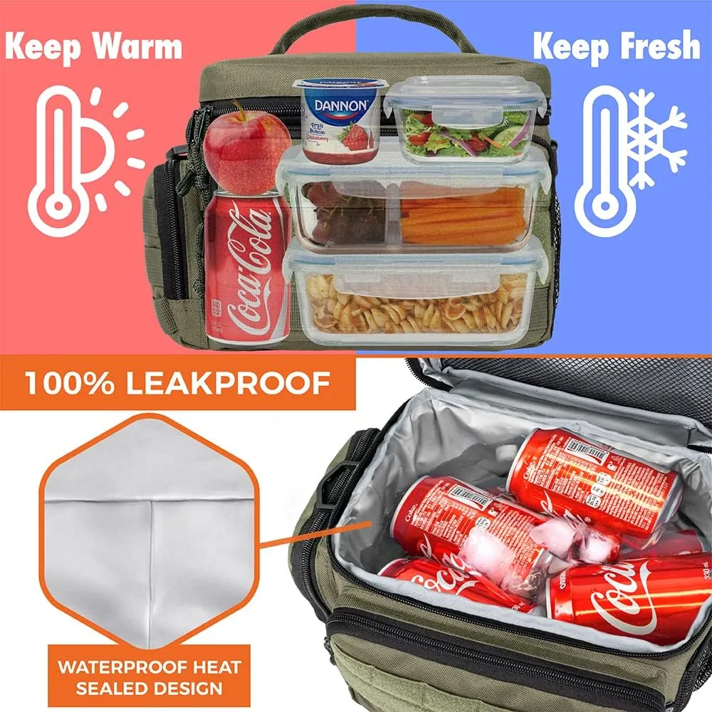 opux Tactical Lunch Box for Men, Olive Mens Insulated Lunch Bag for Adult, Leakproof Soft Lunch Cooler with MOLLE Mesh Side Pockets, Multicam Heavy Duty Lunchbox Pail for Work Women, Large, 18 Cans