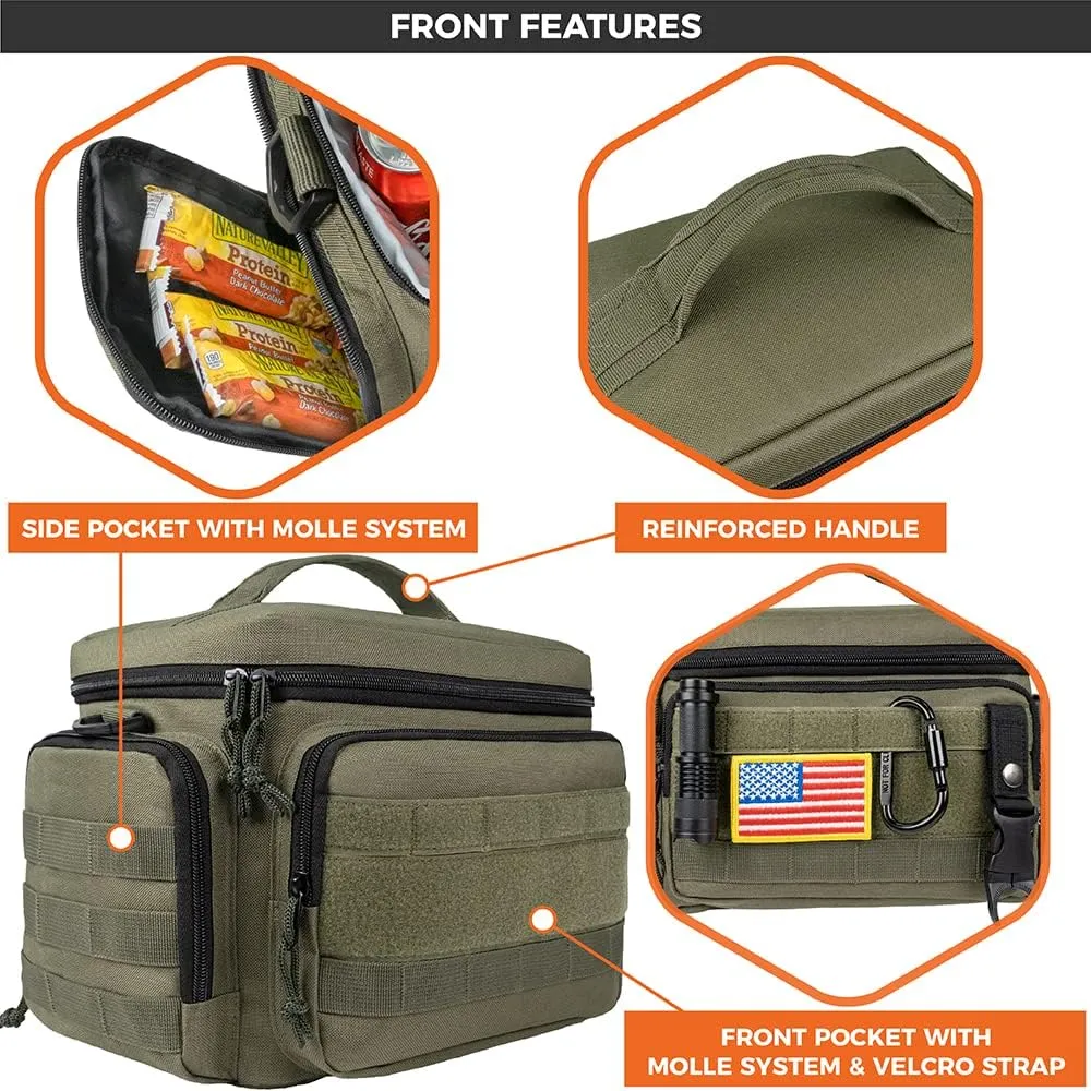 opux Tactical Lunch Box for Men, Olive Mens Insulated Lunch Bag for Adult, Leakproof Soft Lunch Cooler with MOLLE Mesh Side Pockets, Multicam Heavy Duty Lunchbox Pail for Work Women, Large, 18 Cans