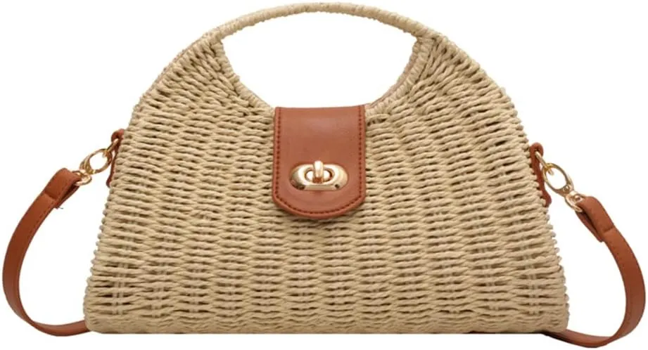 Orgonite Bucket Straw Handbag, Handmade Tote Bag with Pearl Flower, Beach Woven Bag Rattan Basket Purse Drawstring for Women