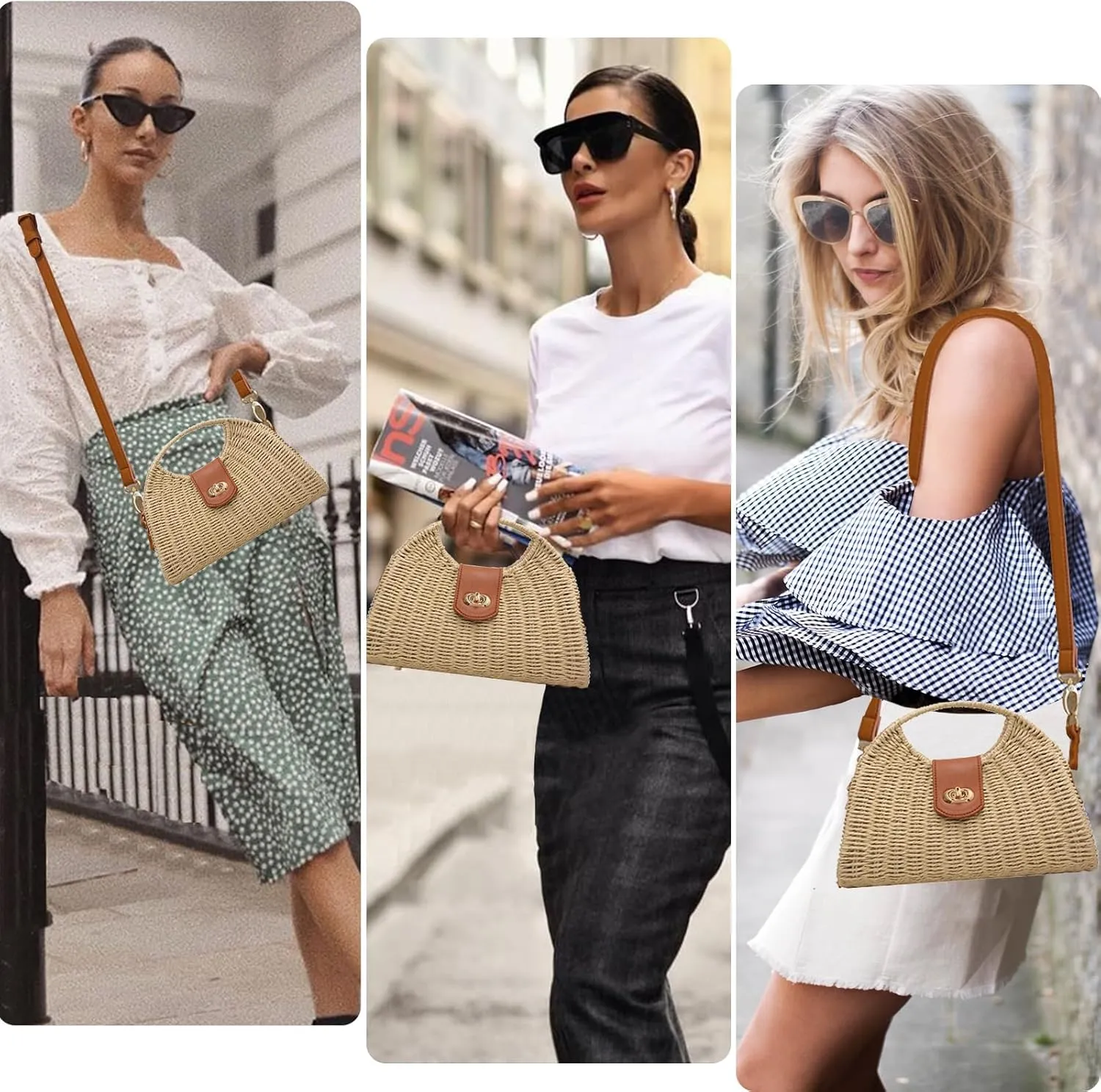 Orgonite Bucket Straw Handbag, Handmade Tote Bag with Pearl Flower, Beach Woven Bag Rattan Basket Purse Drawstring for Women