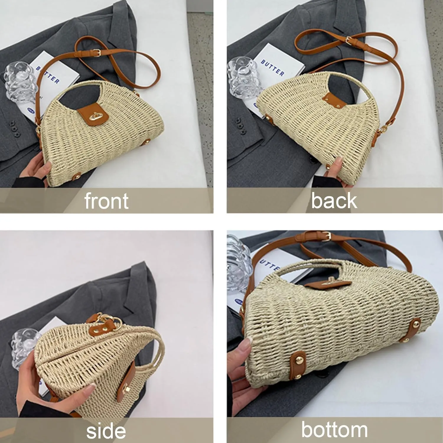 Orgonite Bucket Straw Handbag, Handmade Tote Bag with Pearl Flower, Beach Woven Bag Rattan Basket Purse Drawstring for Women