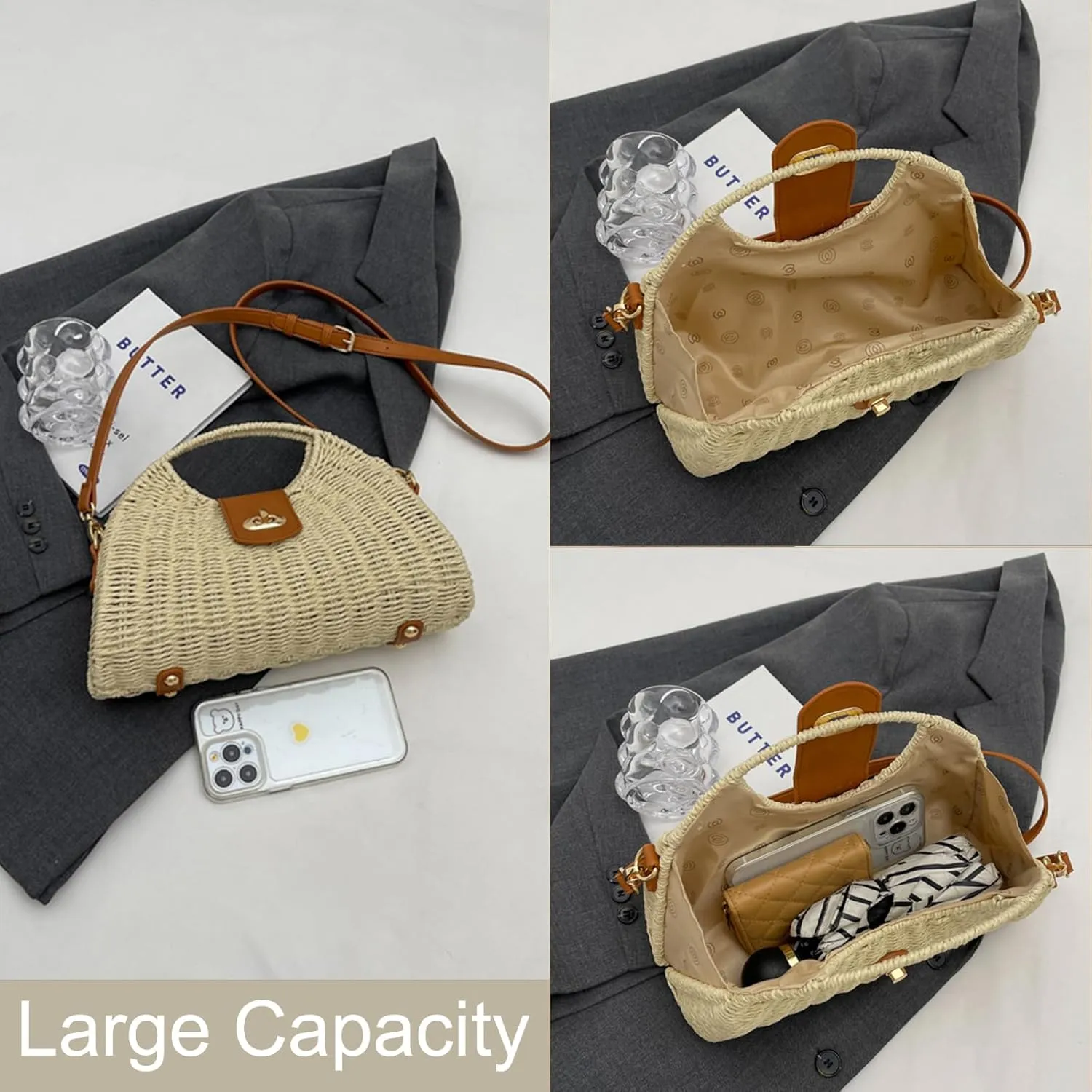 Orgonite Bucket Straw Handbag, Handmade Tote Bag with Pearl Flower, Beach Woven Bag Rattan Basket Purse Drawstring for Women
