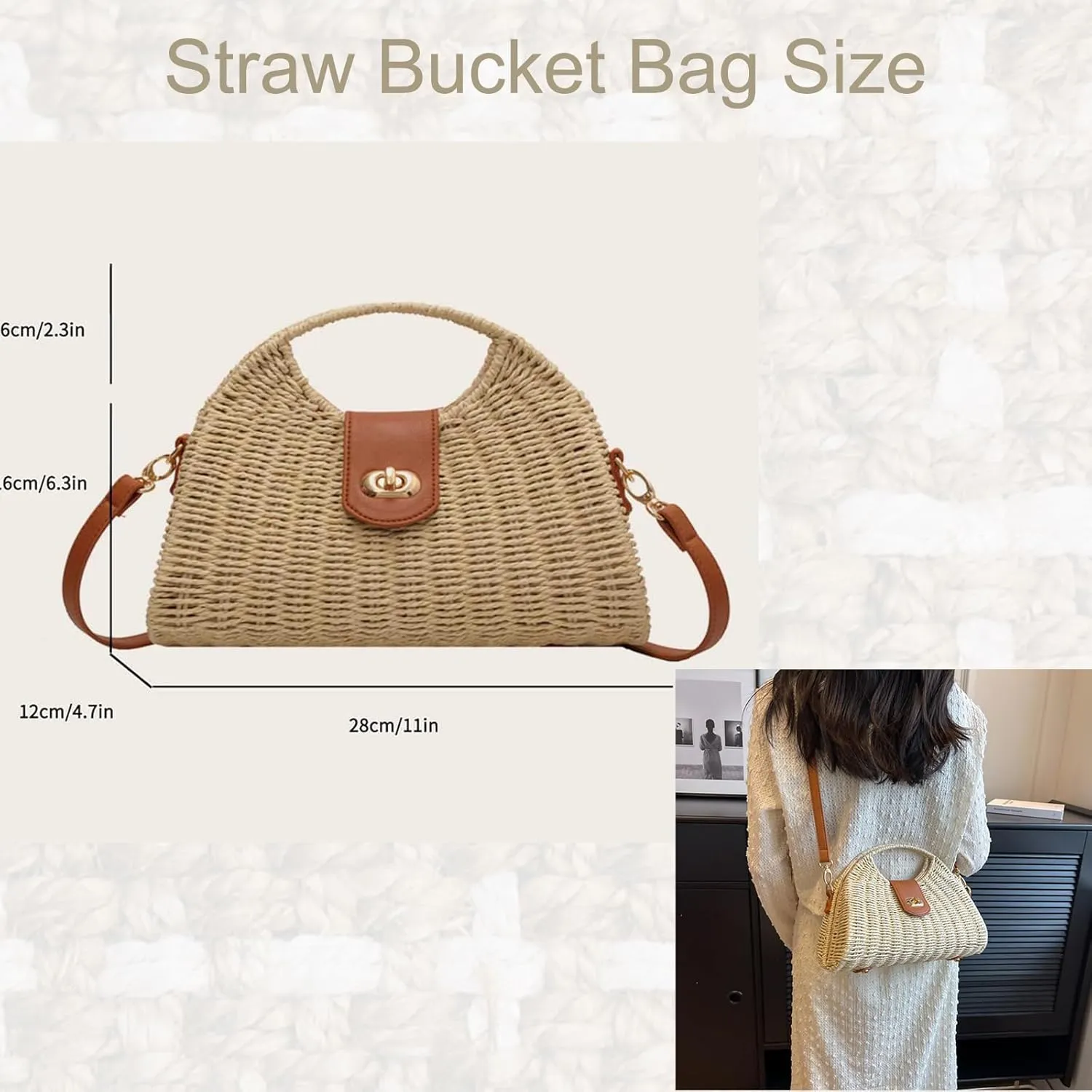 Orgonite Bucket Straw Handbag, Handmade Tote Bag with Pearl Flower, Beach Woven Bag Rattan Basket Purse Drawstring for Women