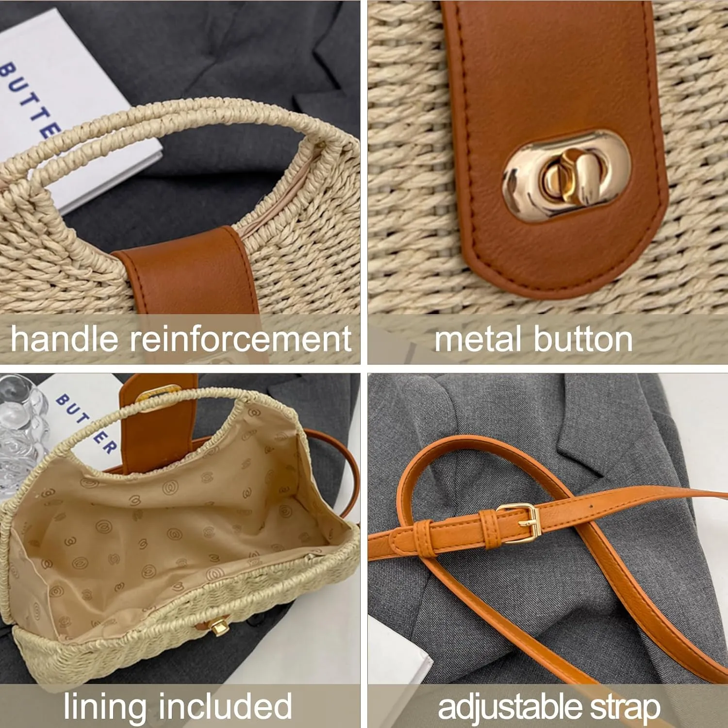 Orgonite Bucket Straw Handbag, Handmade Tote Bag with Pearl Flower, Beach Woven Bag Rattan Basket Purse Drawstring for Women