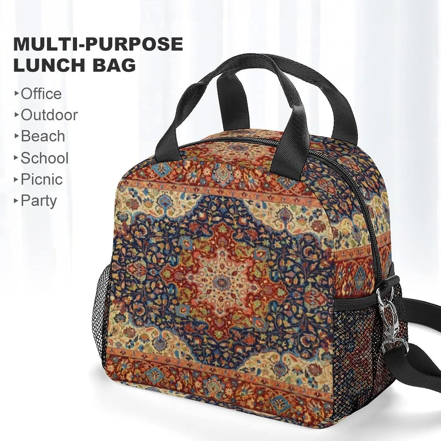 Oriental Persian Turkish Carpet Pattern Reusable Large Capacity Insulated Crossbody Lunch Bag