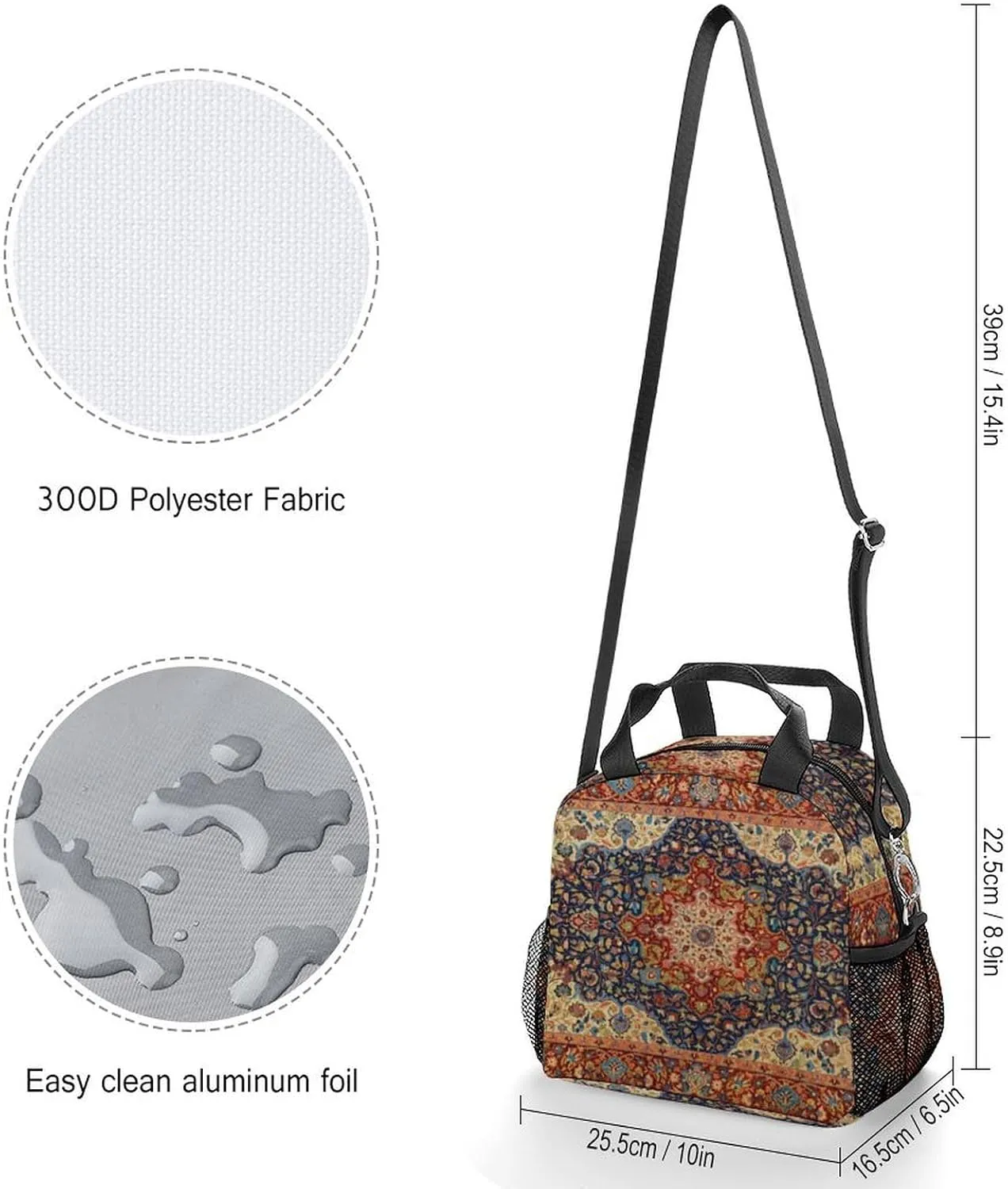 Oriental Persian Turkish Carpet Pattern Reusable Large Capacity Insulated Crossbody Lunch Bag