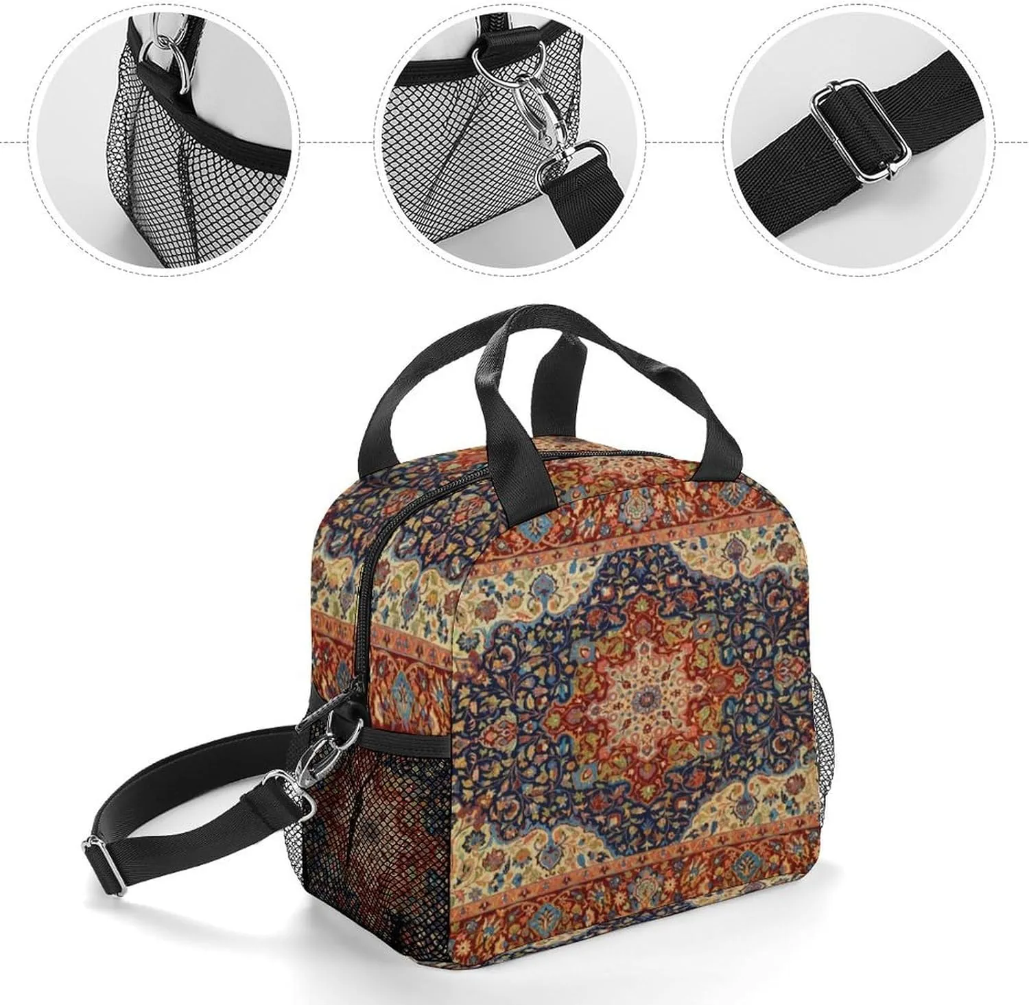 Oriental Persian Turkish Carpet Pattern Reusable Large Capacity Insulated Crossbody Lunch Bag