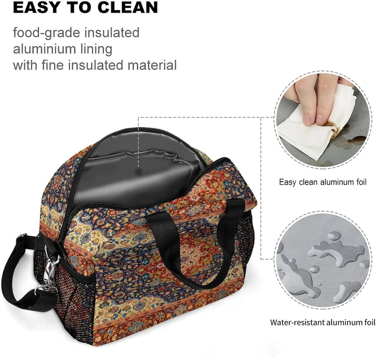 Oriental Persian Turkish Carpet Pattern Reusable Large Capacity Insulated Crossbody Lunch Bag