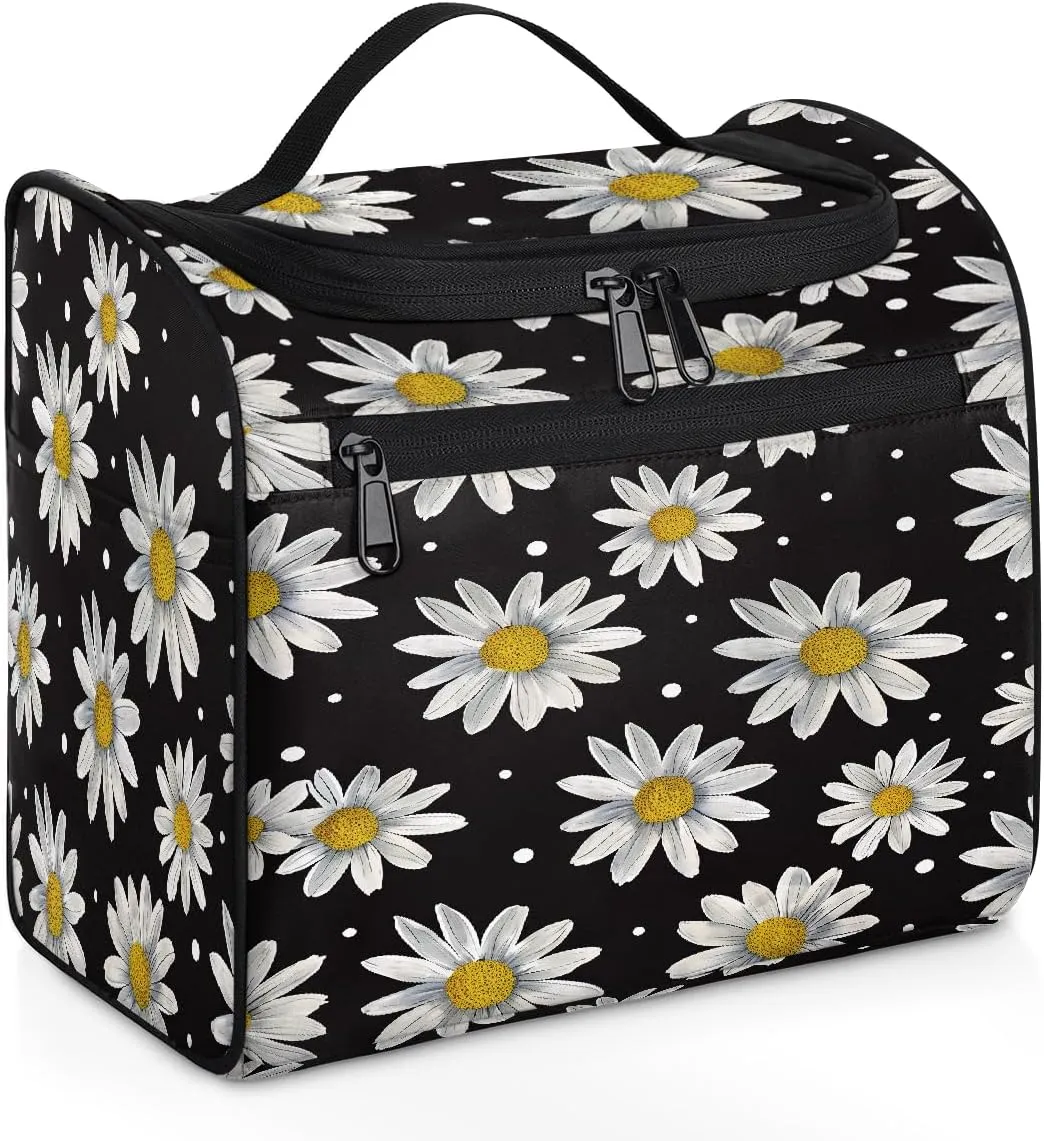 OSAM SPACE Daisy Flower Hanging Toiletry Bag for Women Men, Polka Dot Large Capacity Travel Cosmetic Bag Makeup Organizer for Shampoo Bathroom Shower