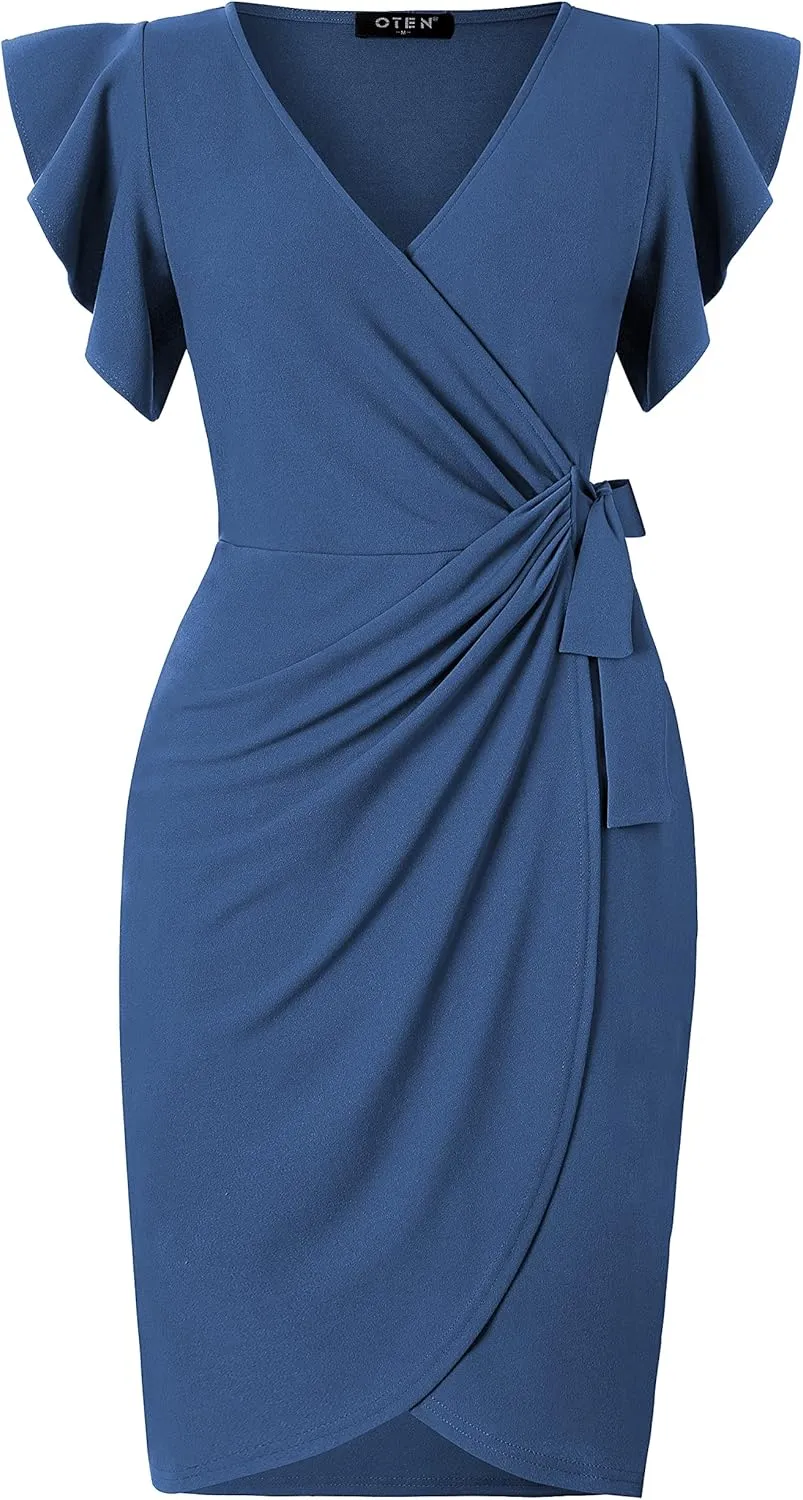 oten Womens Deep V Neck Ruffle Sleeve Sheath Casual Cocktail Party Work Faux Wrap Dress