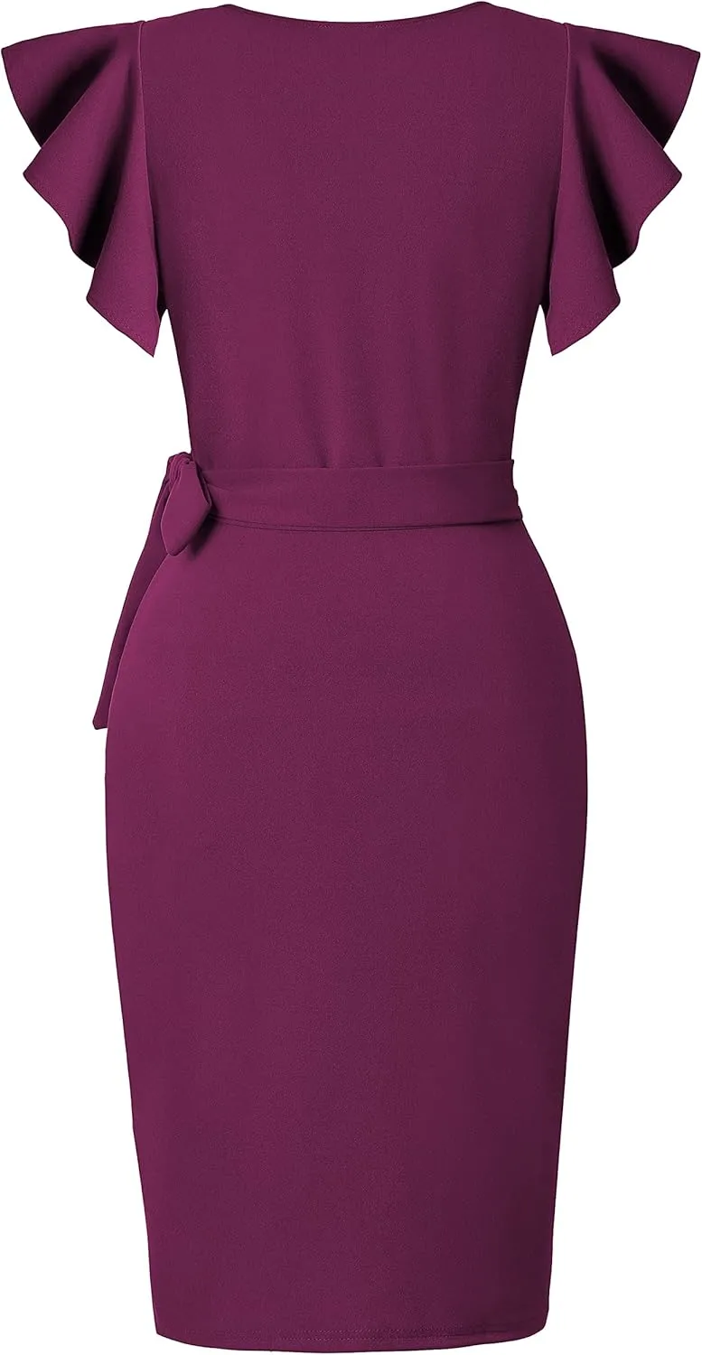 oten Womens Deep V Neck Ruffle Sleeve Sheath Casual Cocktail Party Work Faux Wrap Dress