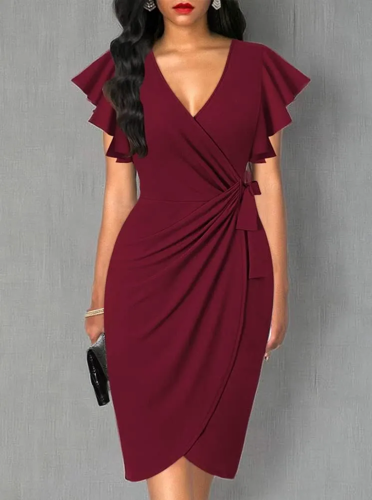 oten Womens Deep V Neck Ruffle Sleeve Sheath Casual Cocktail Party Work Faux Wrap Dress
