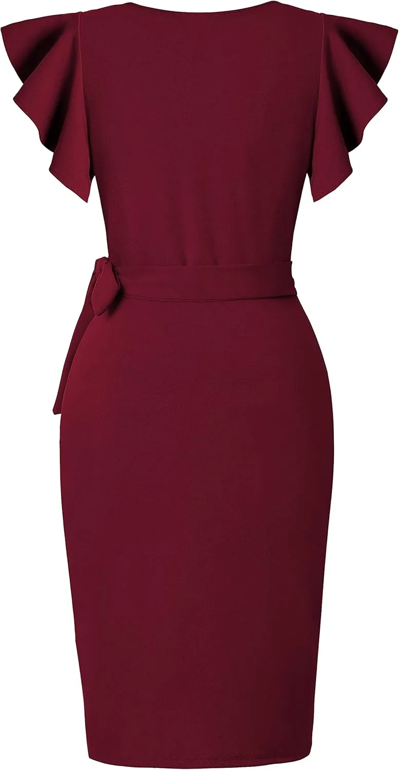 oten Womens Deep V Neck Ruffle Sleeve Sheath Casual Cocktail Party Work Faux Wrap Dress
