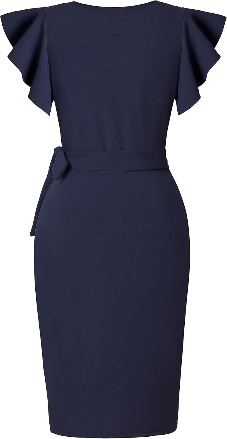 oten Womens Deep V Neck Ruffle Sleeve Sheath Casual Cocktail Party Work Faux Wrap Dress