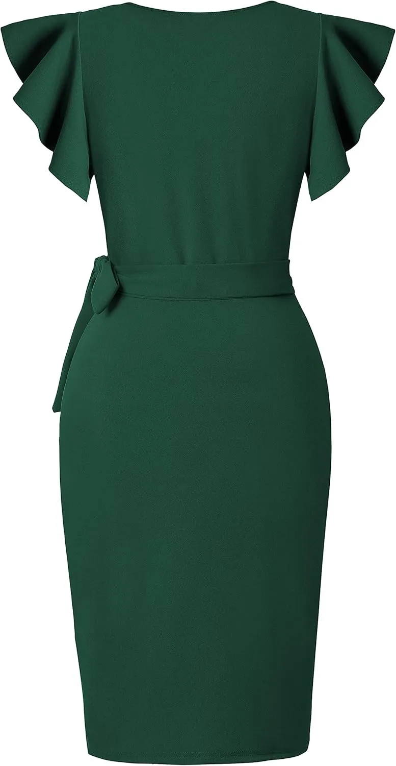 oten Womens Deep V Neck Ruffle Sleeve Sheath Casual Cocktail Party Work Faux Wrap Dress