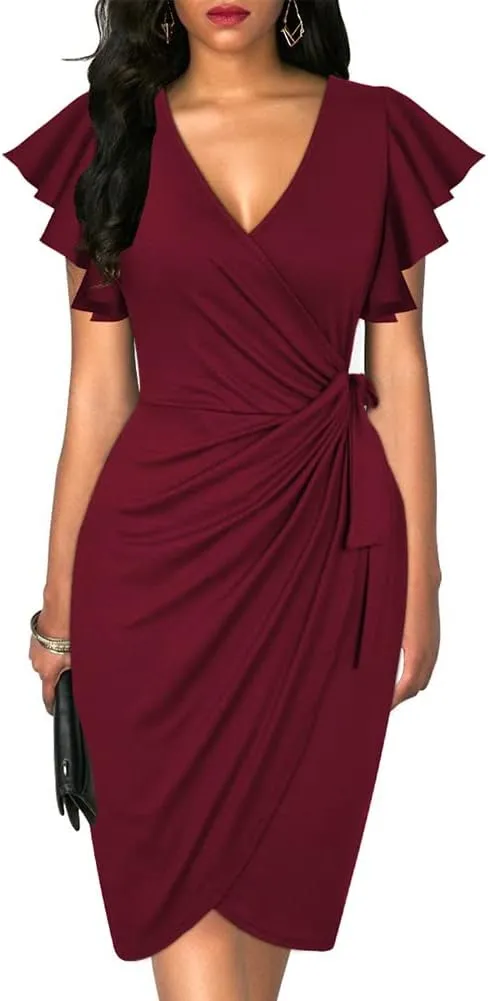 oten Womens Deep V Neck Ruffle Sleeve Sheath Casual Cocktail Party Work Faux Wrap Dress