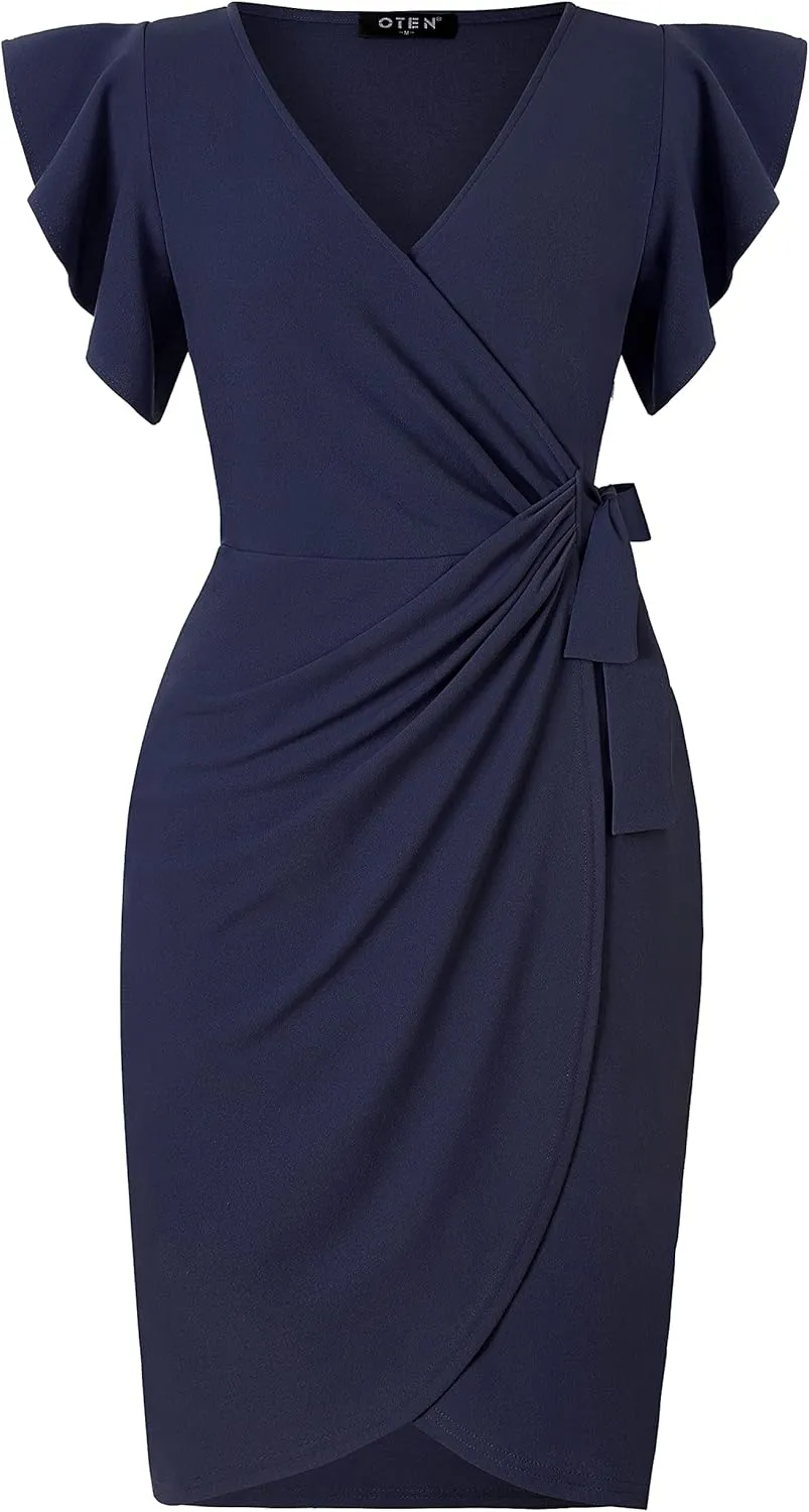 oten Womens Deep V Neck Ruffle Sleeve Sheath Casual Cocktail Party Work Faux Wrap Dress